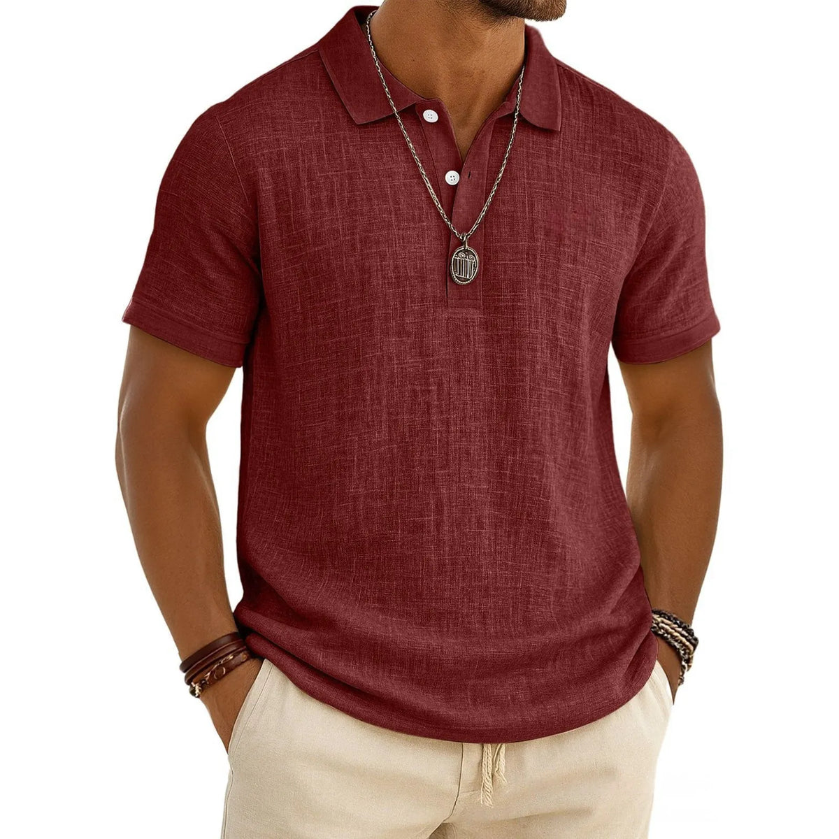Men's Slub Cotton‑Linen Casual Polo Shirt