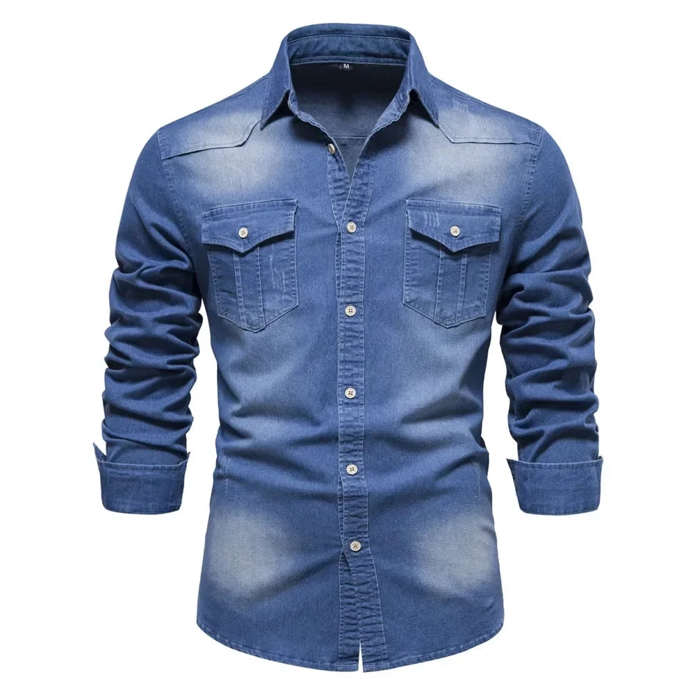 Men's stretch cotton denim long sleeve shirt