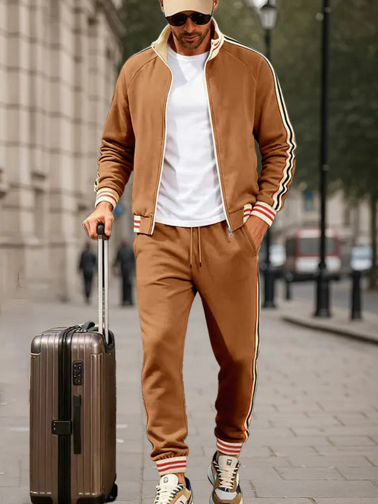 Sporty Contrasting Stripes Jacket Pants Set