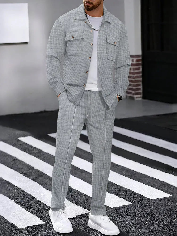 Waffle Knit Lapel Collar 2-Piece Shirt Set