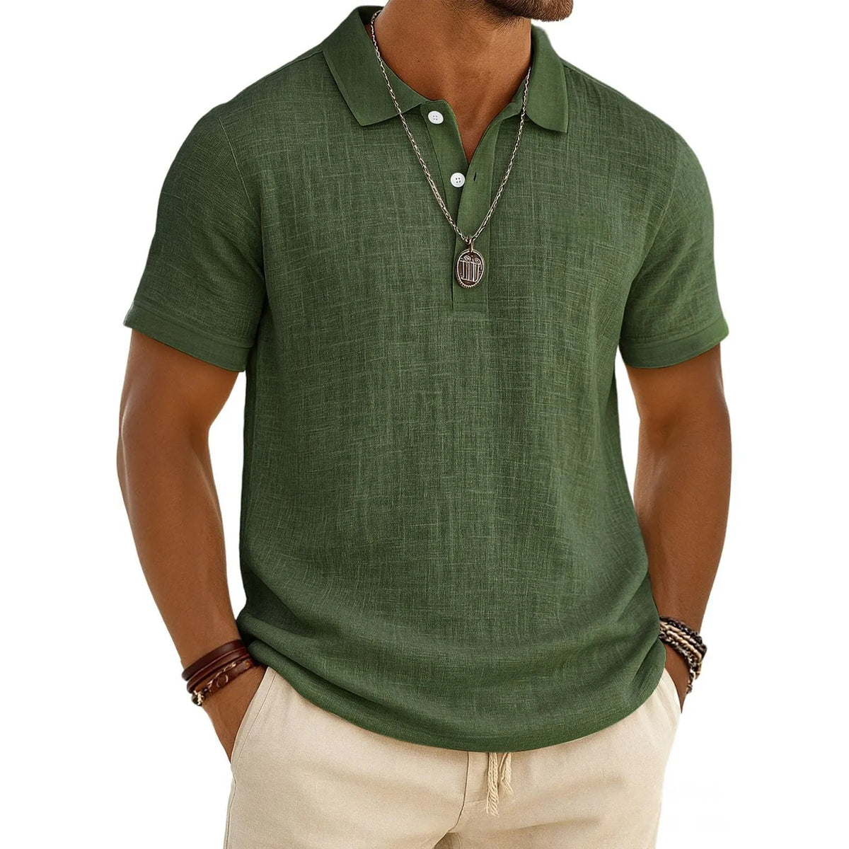 Men's Slub Cotton‑Linen Casual Polo Shirt