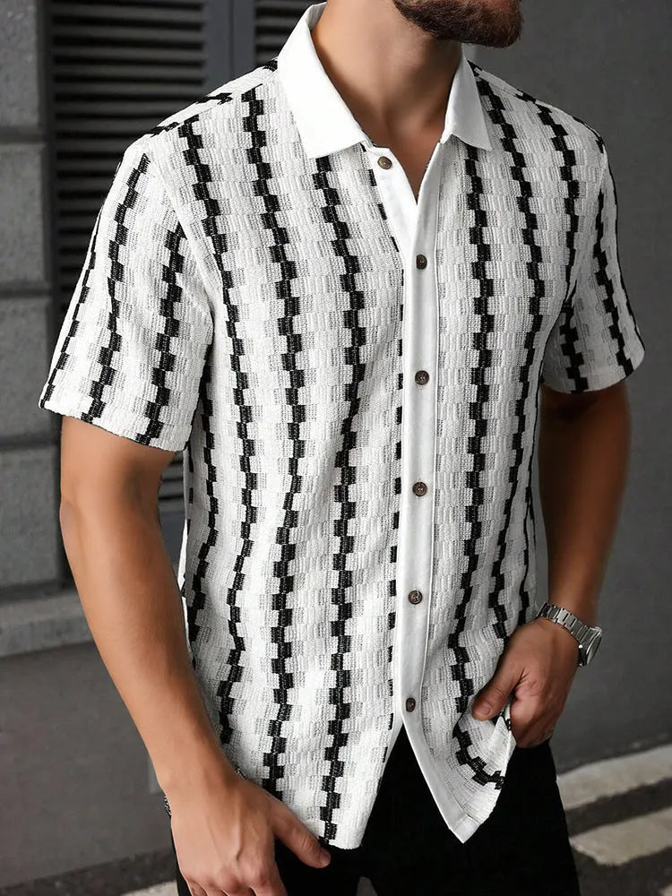 Cuban Collar Textured Stripe Short Sleeve Shirt