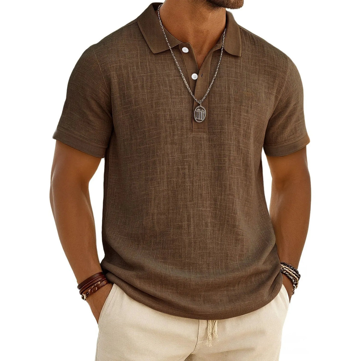 Men's Slub Cotton‑Linen Casual Polo Shirt