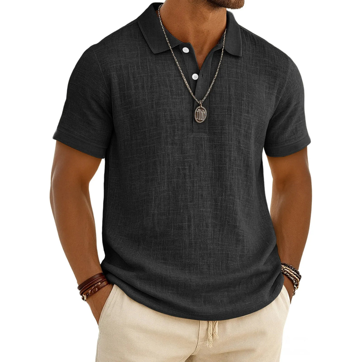 Men's Slub Cotton‑Linen Casual Polo Shirt