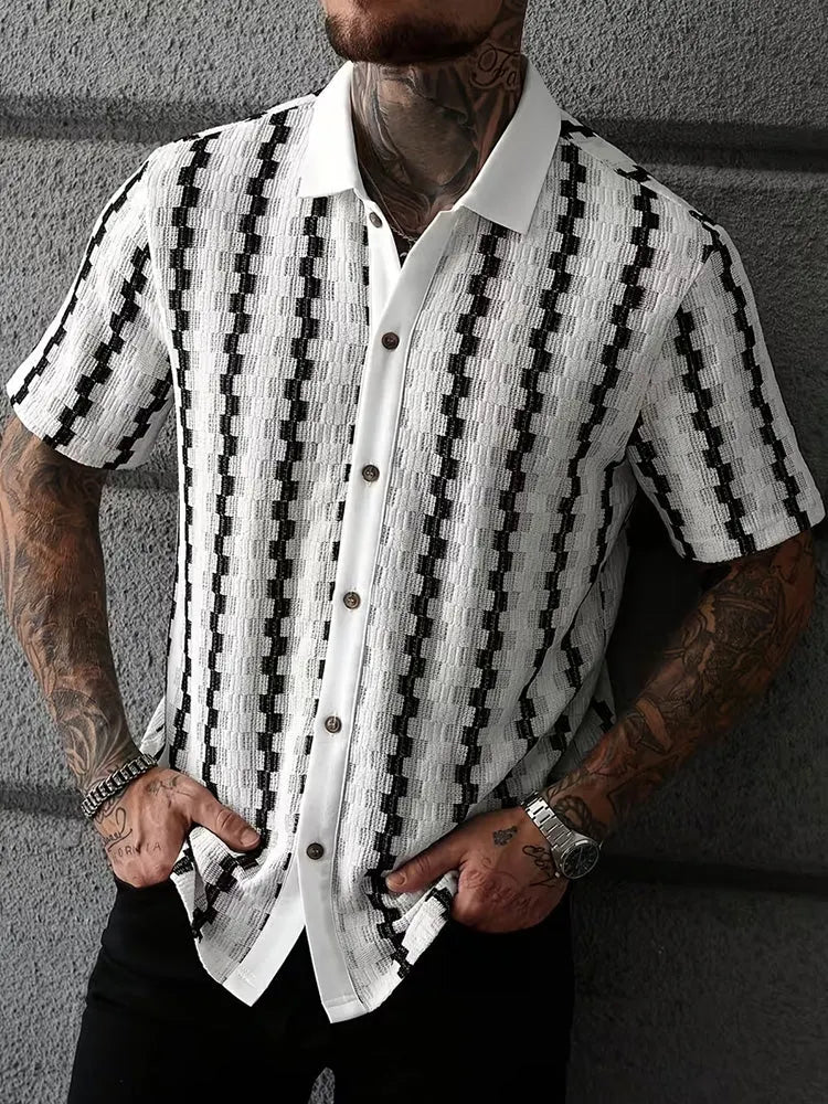 Cuban Collar Textured Stripe Short Sleeve Shirt