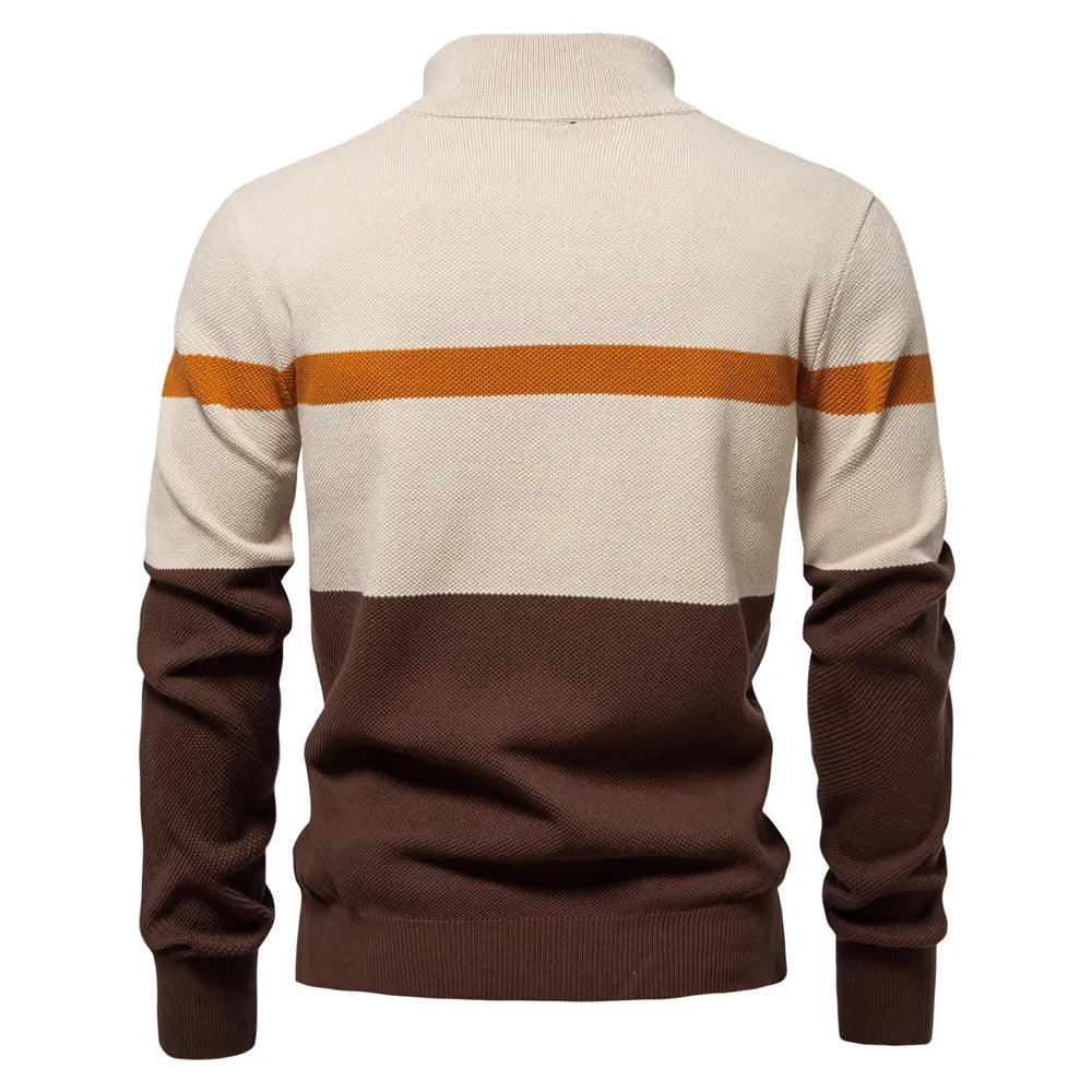 High Quality Zipper Stand Collar Striped Sweater