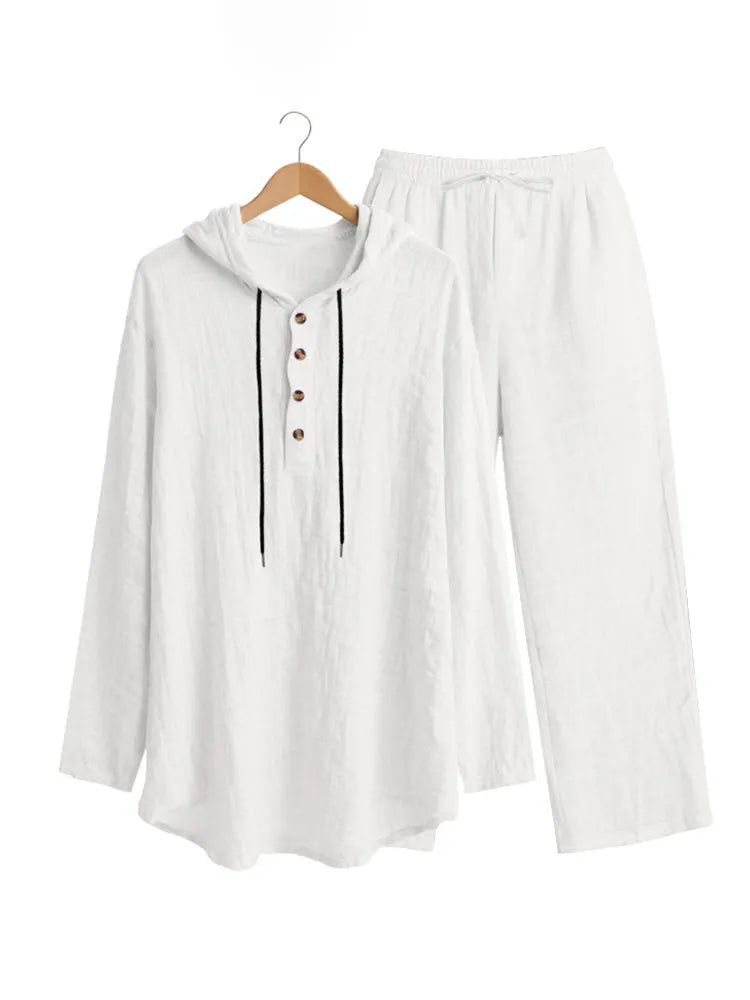 Crinkle Texture Hooded Henley and Wide Leg Pants Set