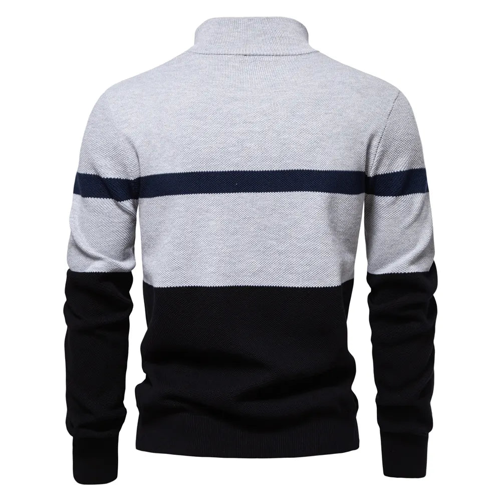 High Quality Zipper Stand Collar Striped Sweater