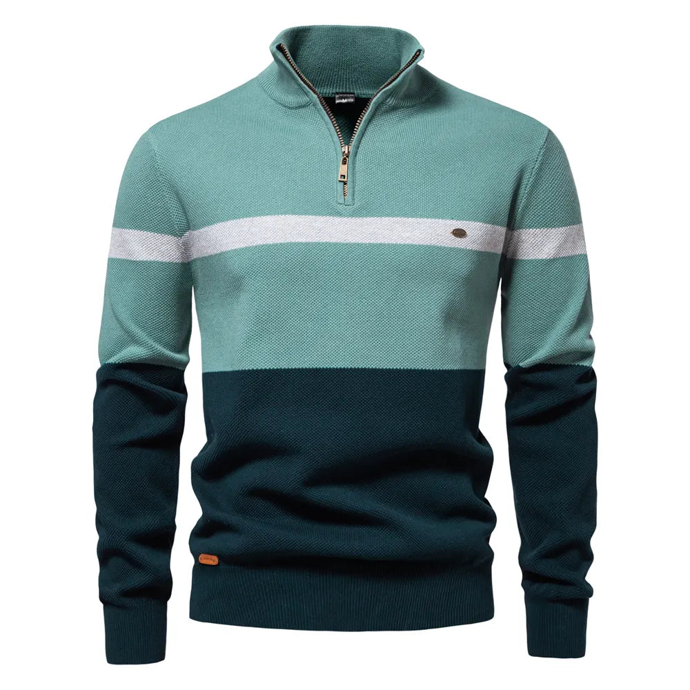 High Quality Zipper Stand Collar Striped Sweater