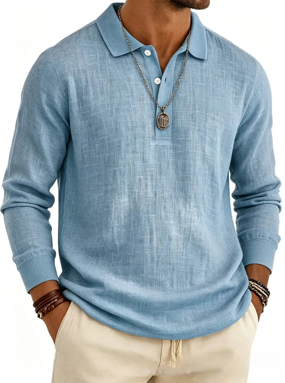Men's Long Sleeve Cotton Linen Casual Polo Shirt