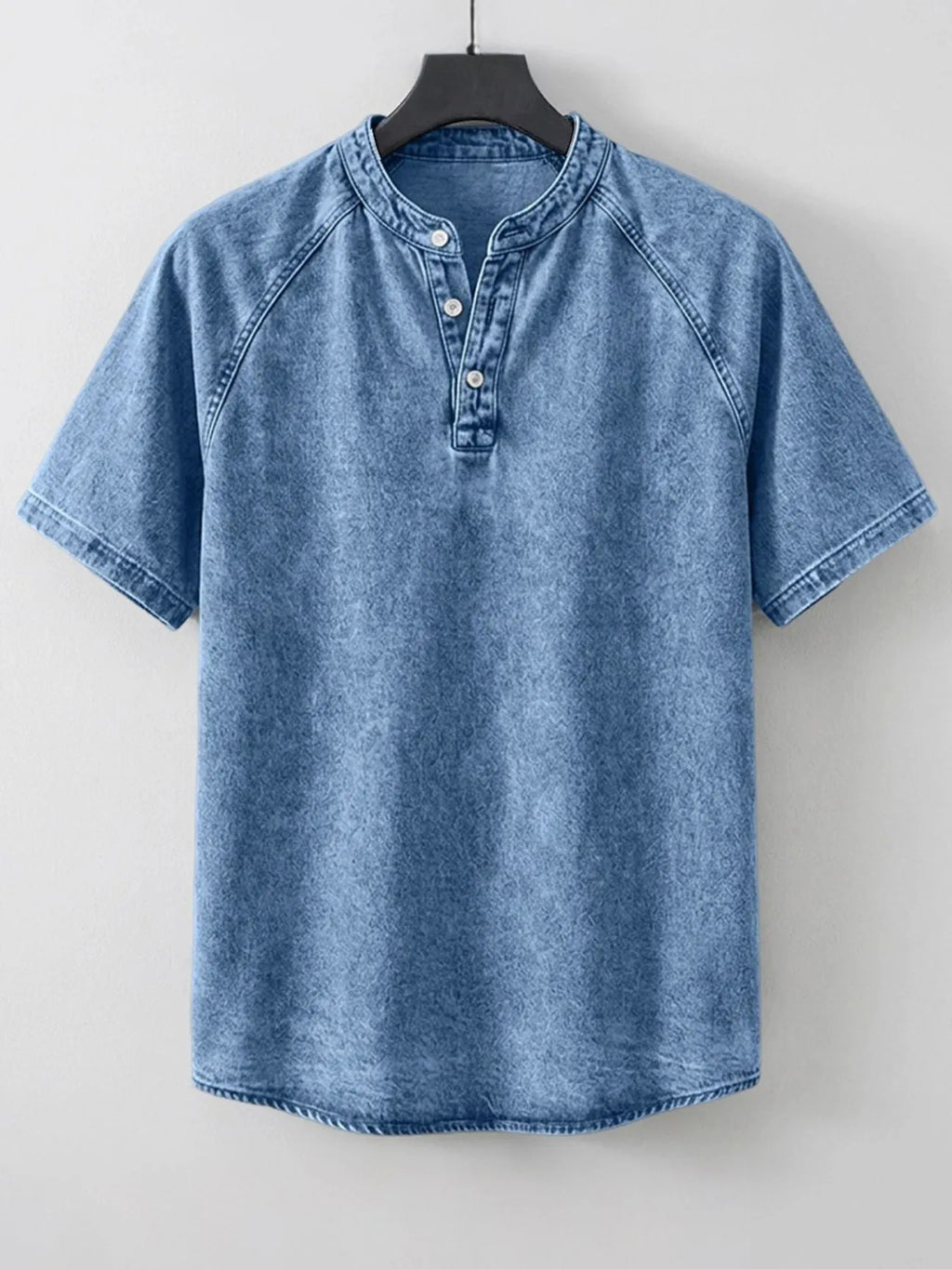 Men's Washed Denim-Look Henley Raglan Short Sleeve Tee