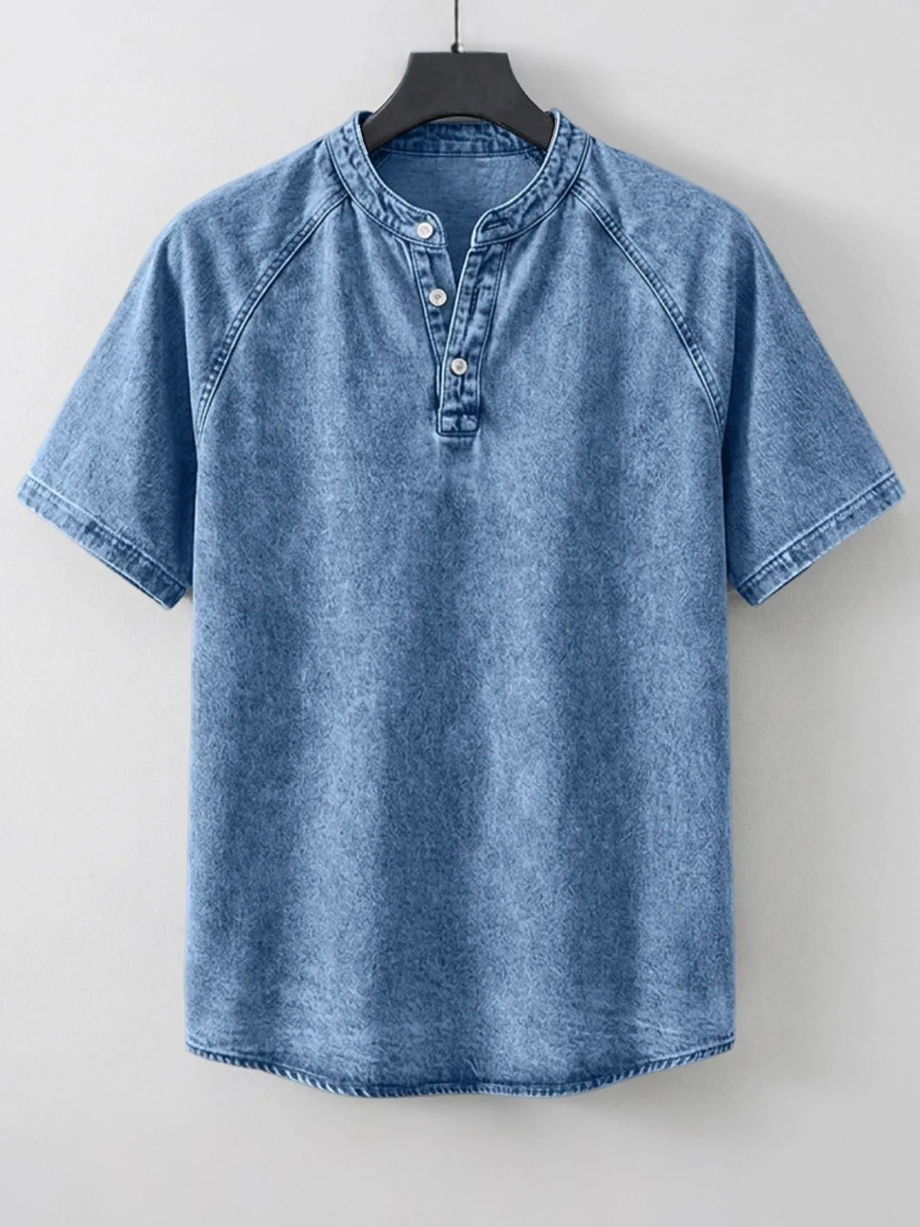 Men's Washed Denim-Look Henley Raglan Short Sleeve Tee