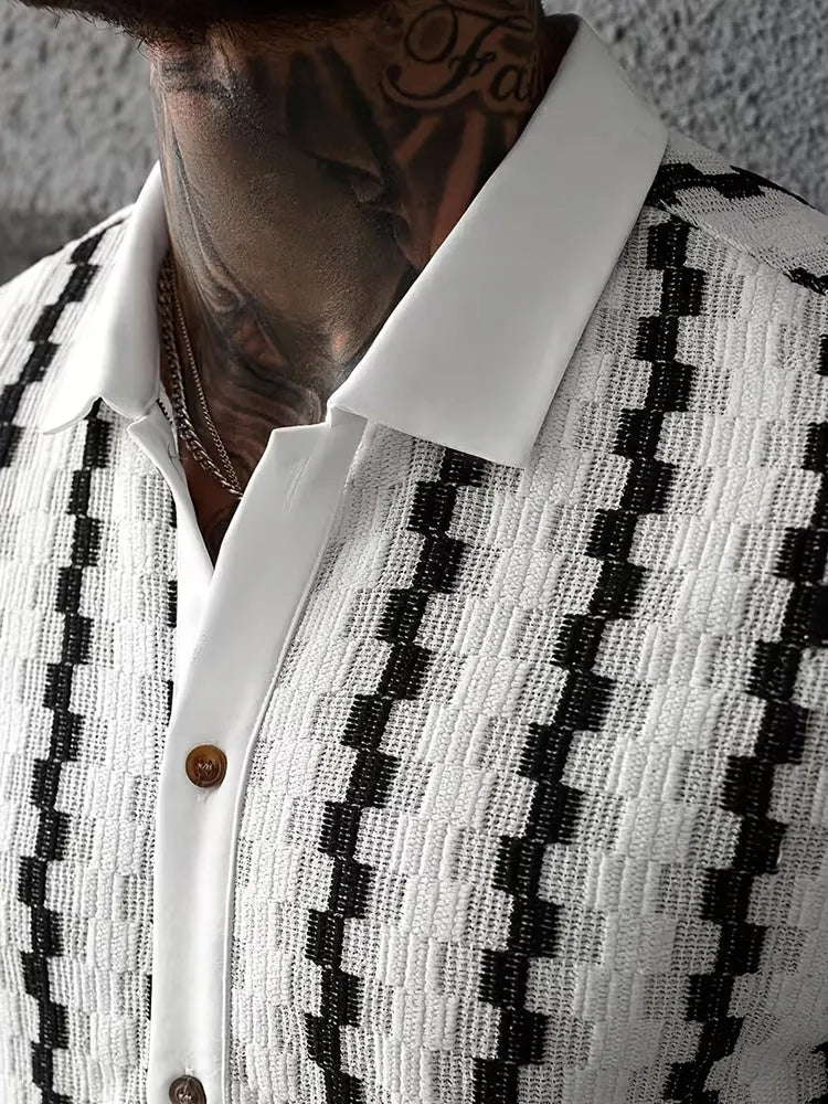 Cuban Collar Textured Stripe Short Sleeve Shirt
