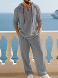 Crinkle Texture Hooded Henley and Wide Leg Pants Set