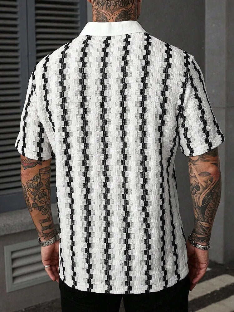 Cuban Collar Textured Stripe Short Sleeve Shirt