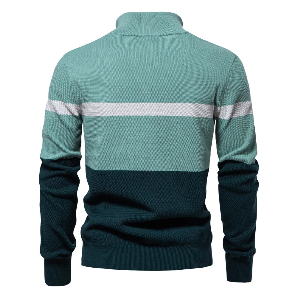 High Quality Zipper Stand Collar Striped Sweater
