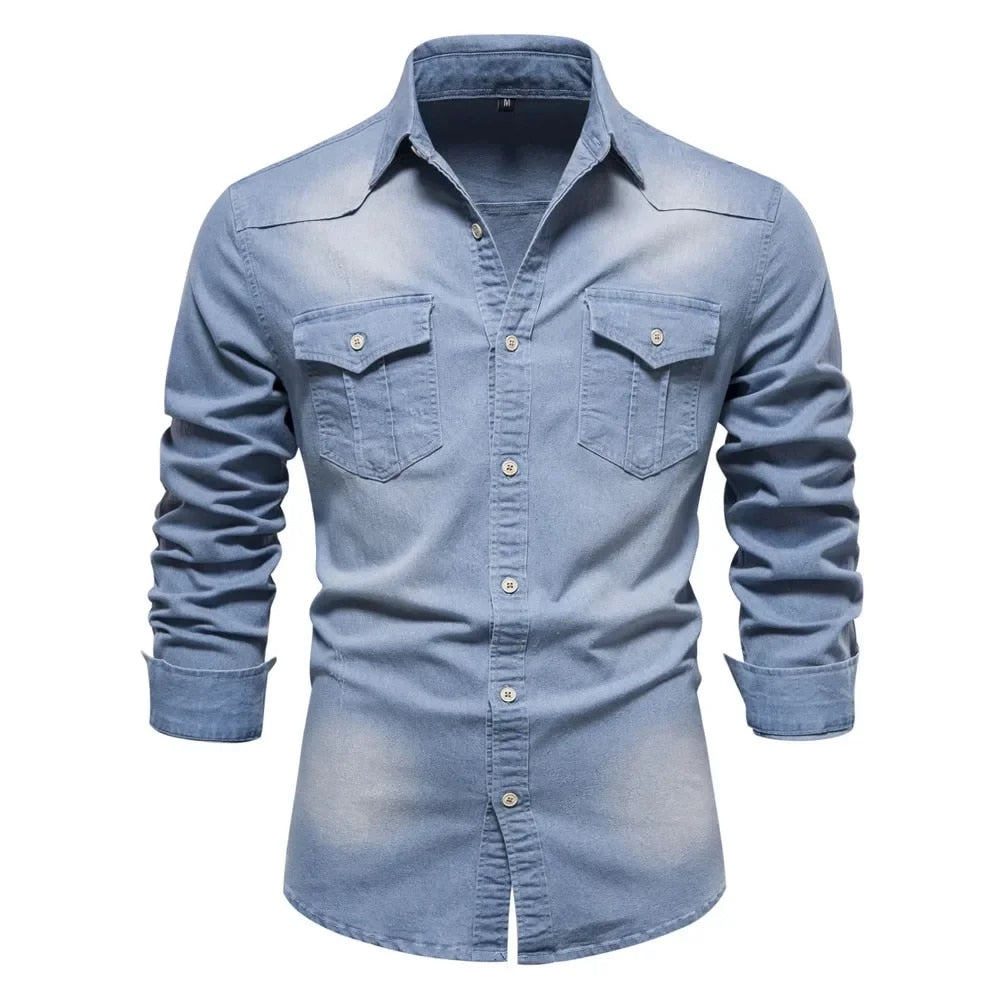 Men's stretch cotton denim long sleeve shirt