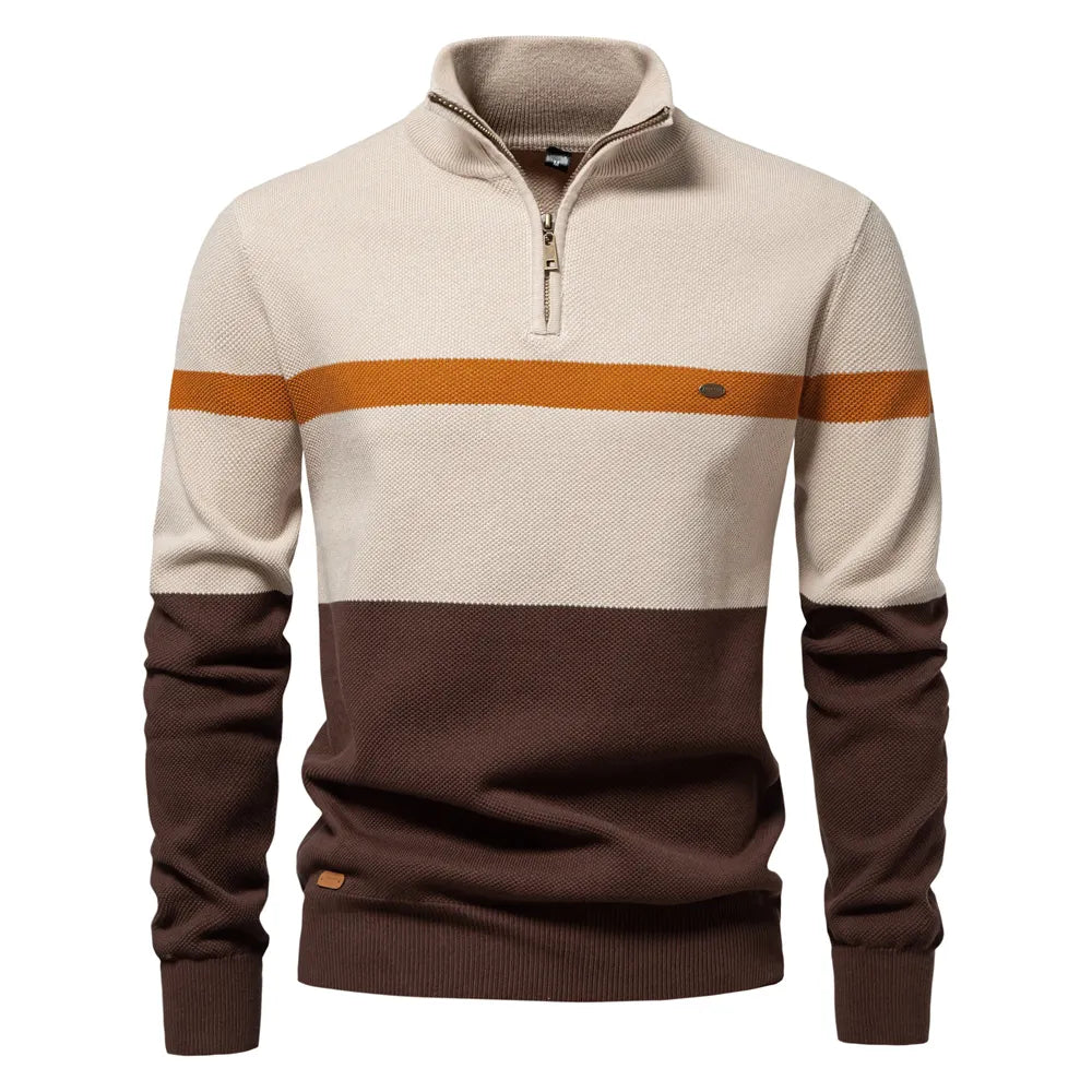 High Quality Zipper Stand Collar Striped Sweater