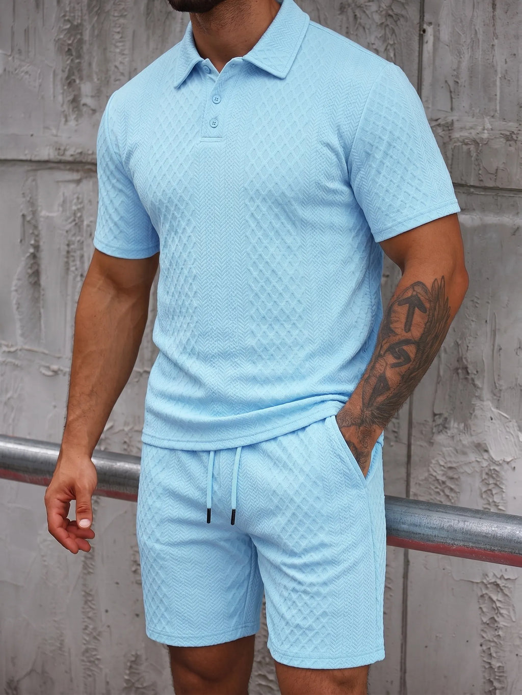 Textured Jacquard Polo Shirt and Shorts 2 Piece Set