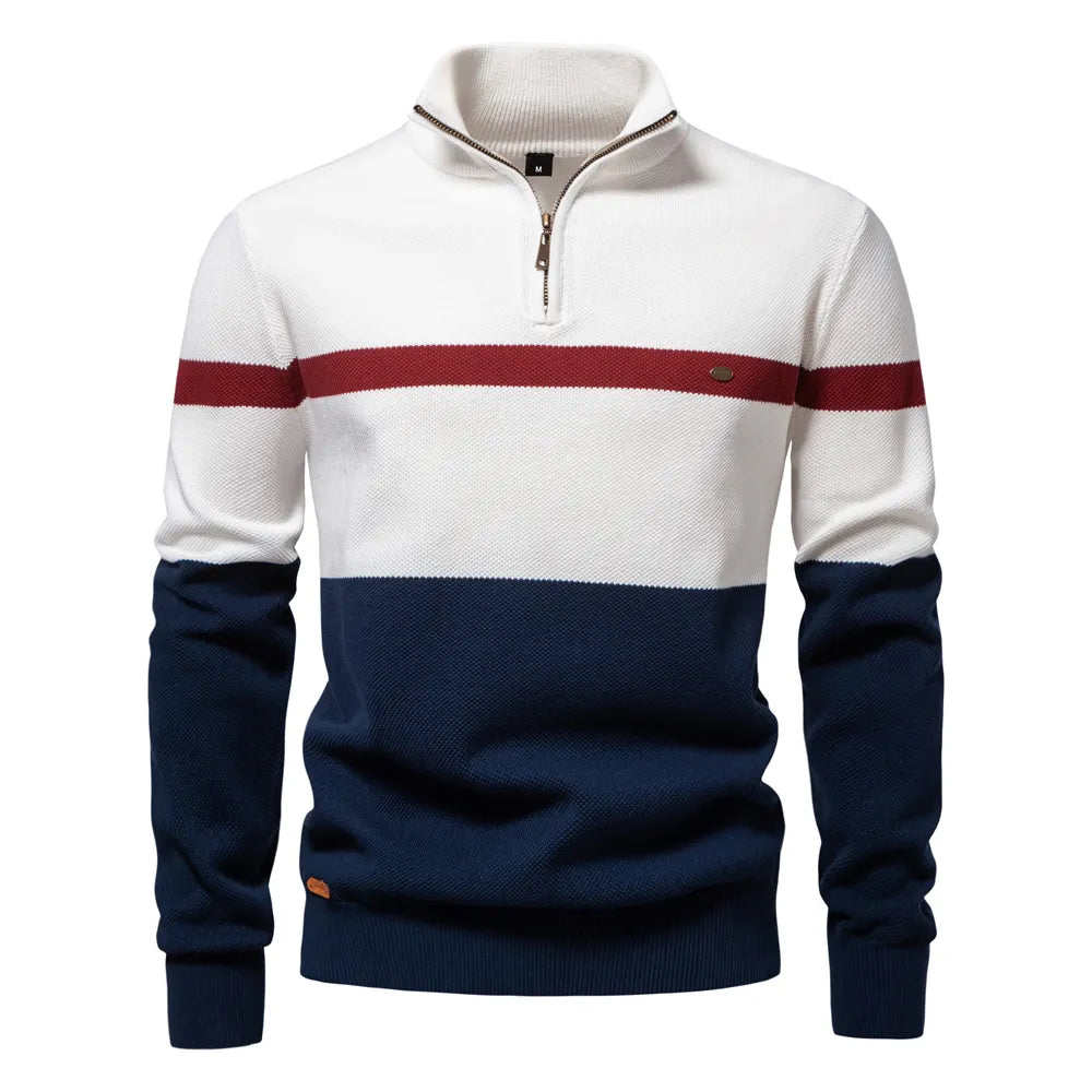 High Quality Zipper Stand Collar Striped Sweater