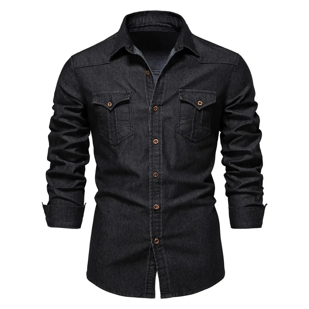 Men's stretch cotton denim long sleeve shirt