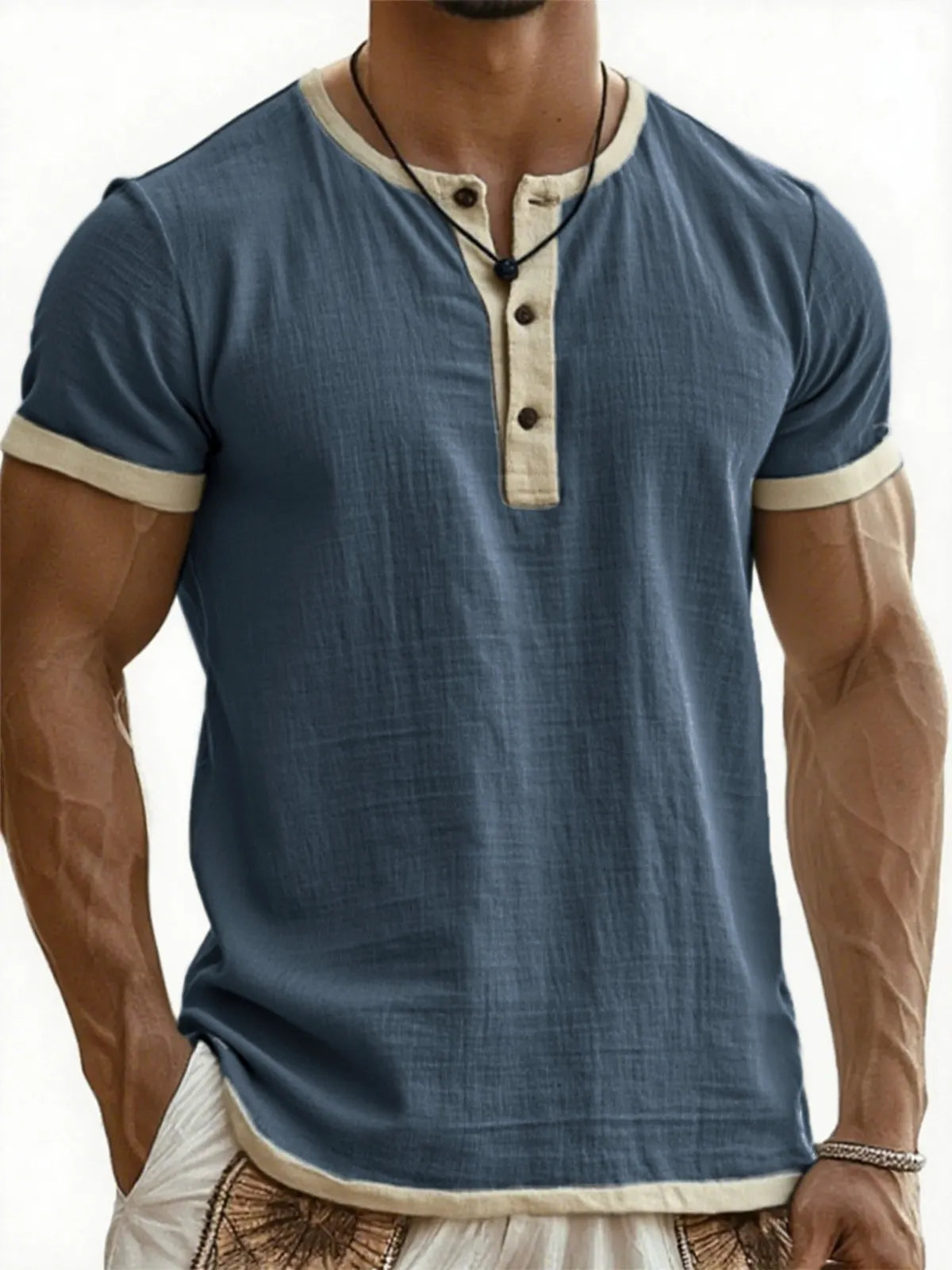 Men's Cotton Linen Casual Henley T-Shirt