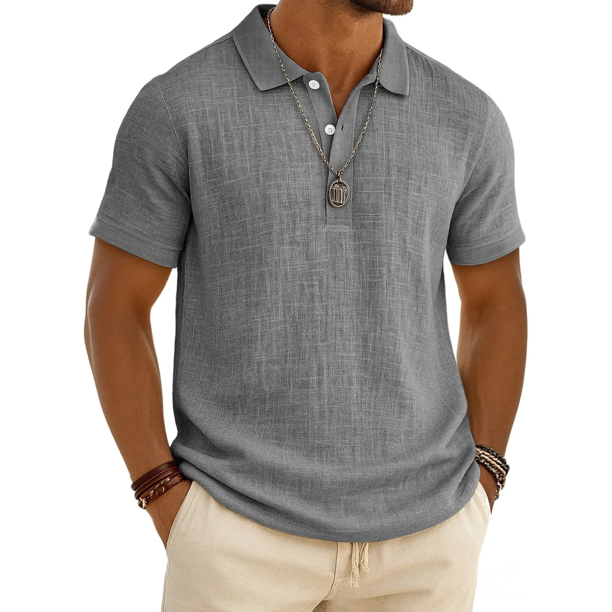 Men's Slub Cotton‑Linen Casual Polo Shirt