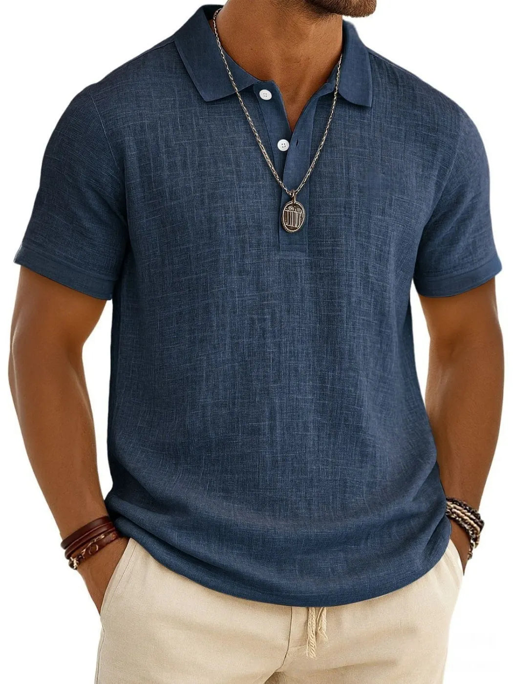 Men's Slub Cotton‑Linen Casual Polo Shirt