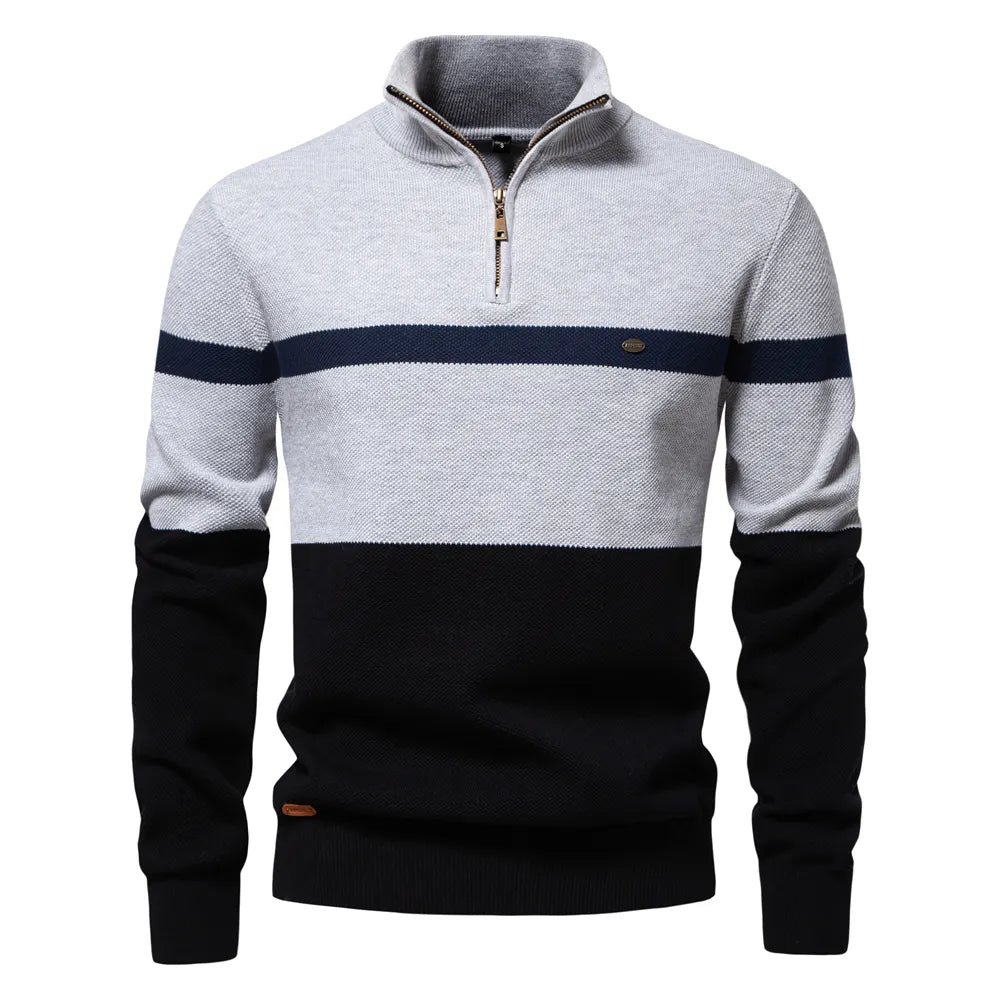 High Quality Zipper Stand Collar Striped Sweater