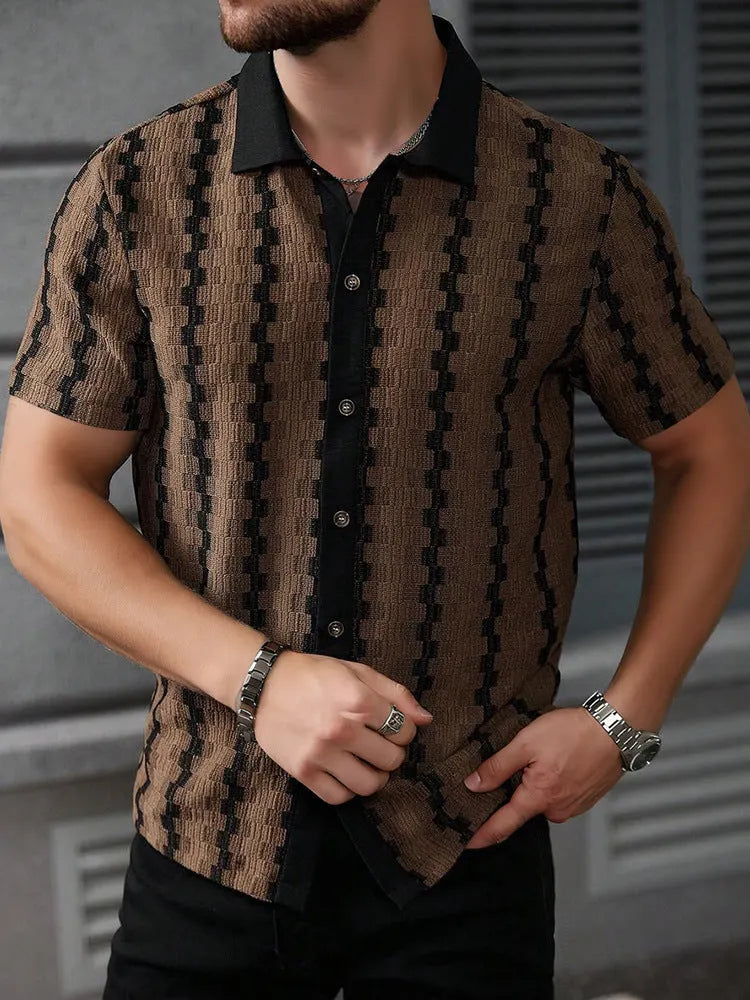 Cuban Collar Textured Stripe Short Sleeve Shirt
