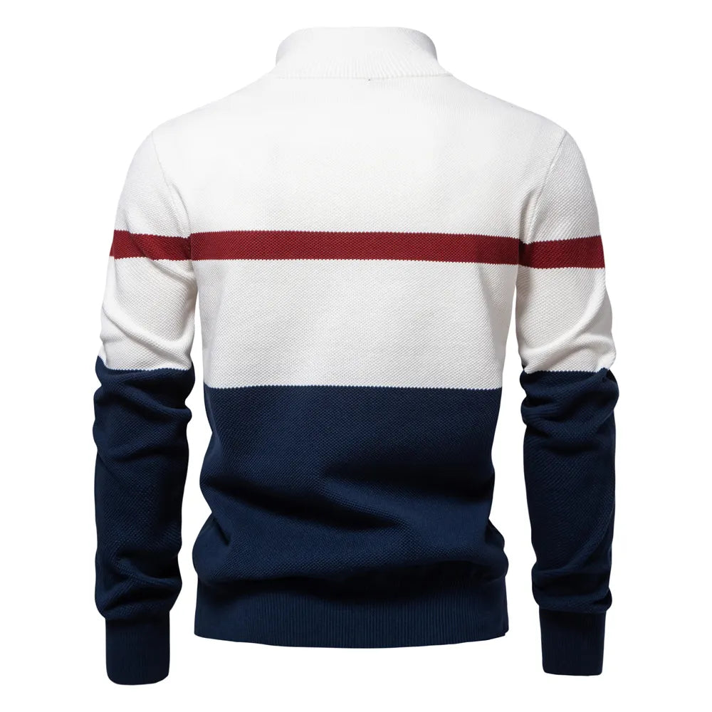 High Quality Zipper Stand Collar Striped Sweater