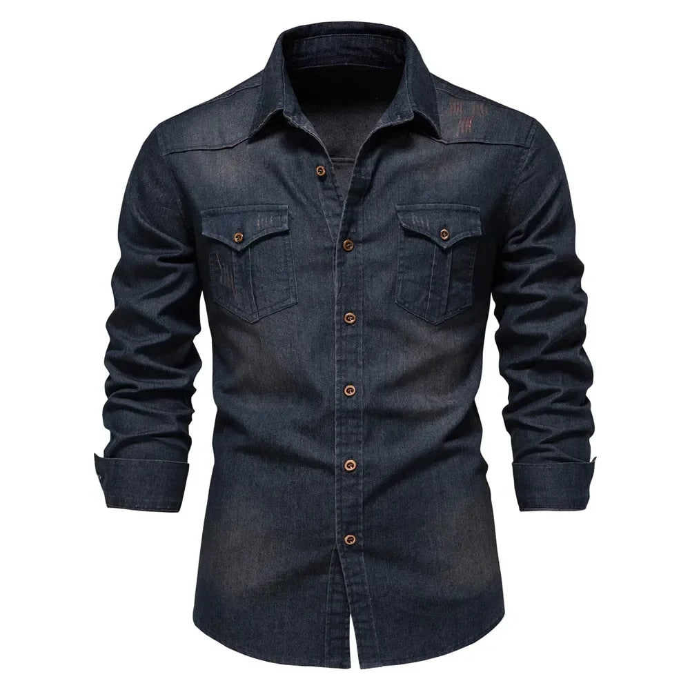 Men's stretch cotton denim long sleeve shirt